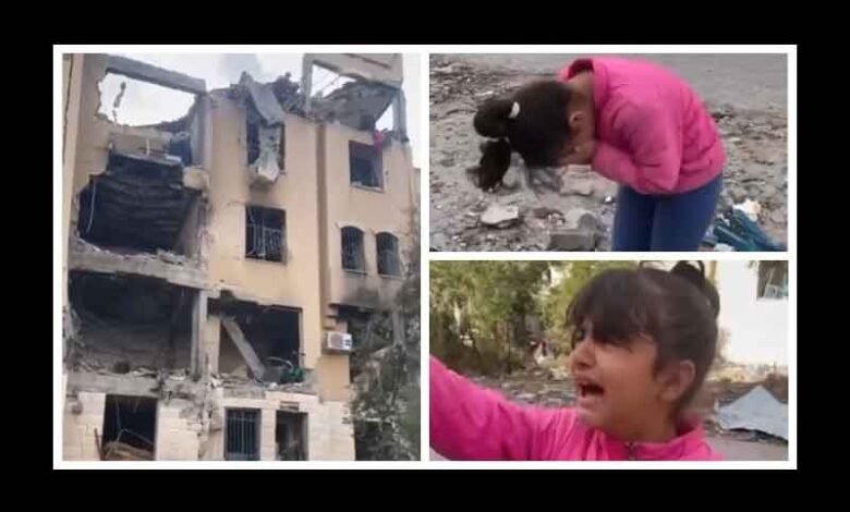 فلسطینی بچی بمباری سے تباہ شدہ گھر دیکھ کر پھوٹ پھوٹ کر رو پڑی