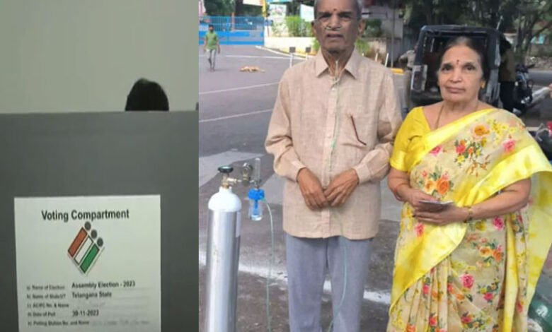 تلنگانہ انتخابات: ضعیف شخص نے آکسیجن سلنڈر کے ساتھ پہنچ کرحق رائے دہی کااستعمال کیا