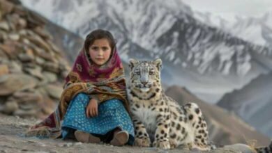 برفانی چیتے کے ساتھ بیٹھی بچی کی تصویر وائرل