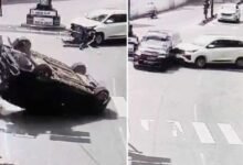 سکندرآباد میں سگنل توڑنے والی کار دوسری کار سے ٹکراکر اُلٹ گئی (ویڈیو وائرل)
