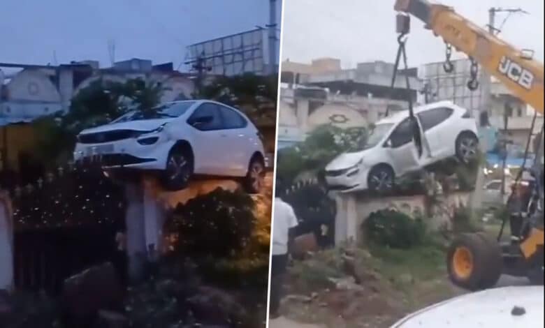 دیوار پر چڑھی کار کا ویڈیو وائرل، پولیس نے کرین سے گاڑی کو اتارا