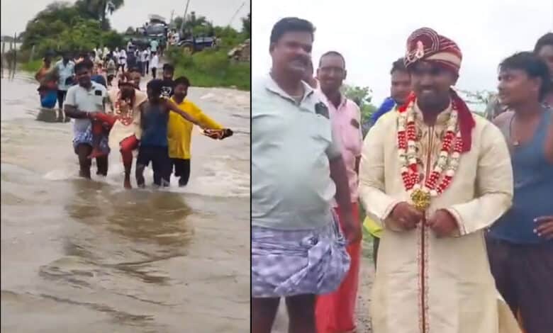 تالاب کے پانی کا شدید بہاو، دلہے کوکندھوں پر اٹھا کر پارکروایاگیا،ویڈیووائرل ،تلنگانہ کے کریم نگر میں دلچسپ واقعہ