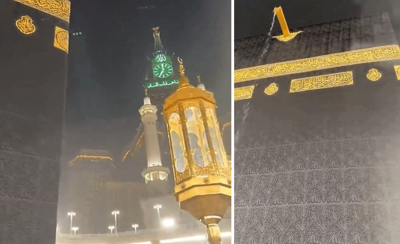 مسجد الحرام میں تیز بارش کے دوران زائرین کا طواف اور دعائیں