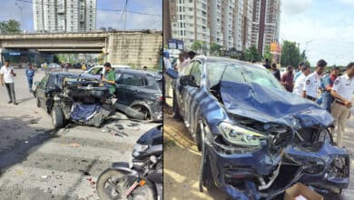 تلنگانہ:بے قابو بی ایم ڈبلیو کار، ایک اورکار کے ساتھ ساتھ بائیک سے ٹکراگئی،خاتون شدیدزخمی