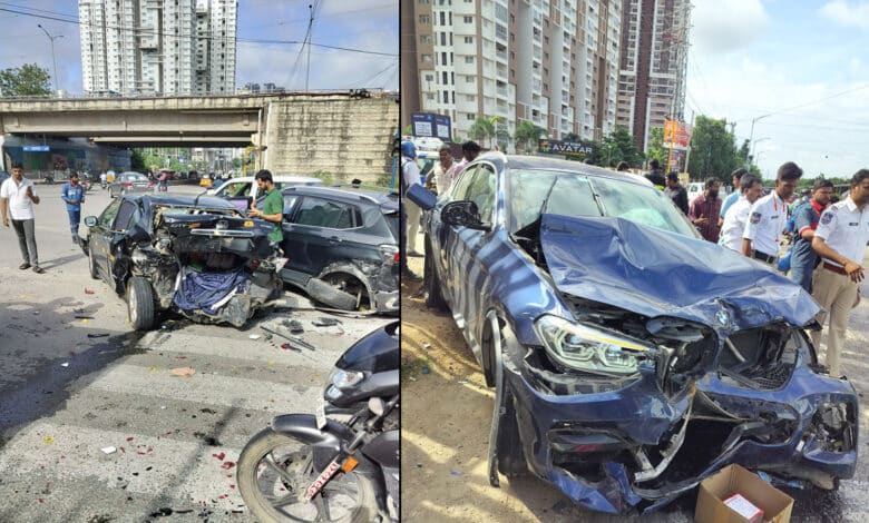 تلنگانہ:بے قابو بی ایم ڈبلیو کار، ایک اورکار کے ساتھ ساتھ بائیک سے ٹکراگئی،خاتون شدیدزخمی