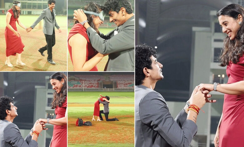 اسمرتی مندھانا کو گراؤنڈ میں رومانوی پروپوز، پلاش مچھل کے گھٹنوں پر بیٹھتے ہی اسٹار کرکٹر آبدیدہ