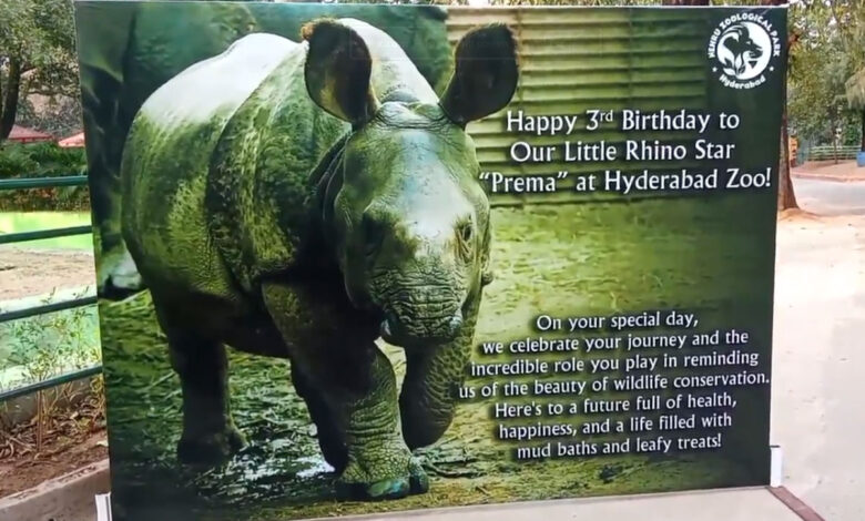 حیدرآباد کے نہرو زولوجیکل پارک میں گینڈے کی سالگرہ بڑے شاندار طریقہ سے منائی گئی