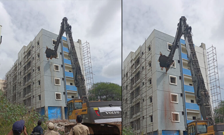 حیدرآباد میں غیر قانونی عمارت منہدم۔حیدرا حکام کی کارروائی