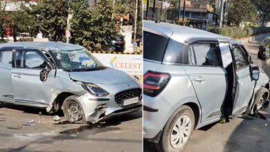 فلم نگر مین روڈ پر تیز رفتار کار فلمی انداز میں الٹ گئی، ہوٹل کے قریب خوف و ہراس