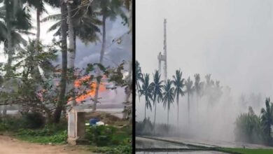 آندھرا پردیش کوناسیما ضلع کے ملیکی پورم کے ایرُسُمَنڈل میں بڑے پیمانے پر آندھرا پردیش کوناسیما ضلع کے ملیکی پورم کے ایرُسُمَنڈل میں بڑے پیمانے پر گیس لیکیج، شعلے بھڑک اُٹھے