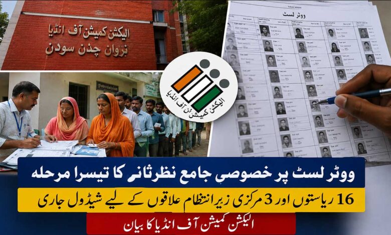 ووٹر لسٹ پر خصوصی جامع نظرثانی کا تیسرا مرحلہ، 16 ریاستوں اور 3 مرکزی زیرانتظام علاقوں کے لئے شیڈول جاری۔ الیکشن کمیشن کا بیان