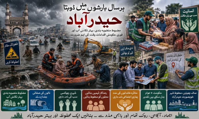 ہر سال بارشوںمیں ڈوبتا حیدرآباد۔ مضبوط منصوبہ بندی ‘ بہتر نکاسی آب اور فوری حکومتی اقدامات وقت کی اہم ضرورت