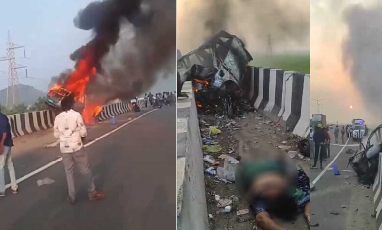 وجئے واڑہ بائی پاس پر بھیانک حادثہ، کار میں آگ لگنے سے بچہ سمیت 4 افراد جھلس کر ہلاک (ویڈیو)